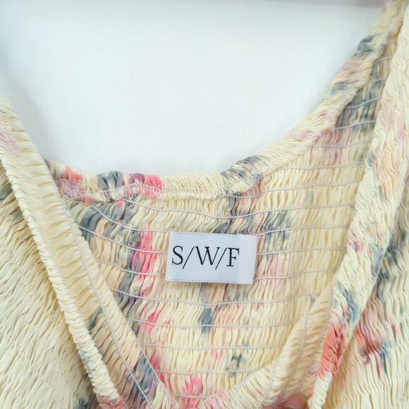 S/W/F SWF Women L Asymmetrical Crop Top Yellow Tie Dye Smocked One Shoulder NEW - Picture 3 of 4
